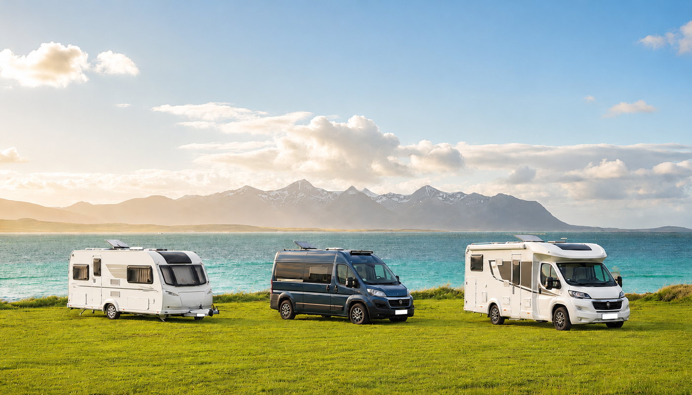 A motorhome, a campervan and a caravan parked on grass beside turquoise water with mountains beyond.