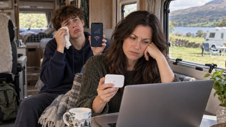 A woman troubleshooting motorhome Wi-Fi while a young man behind her holds up a phone showing no signal.